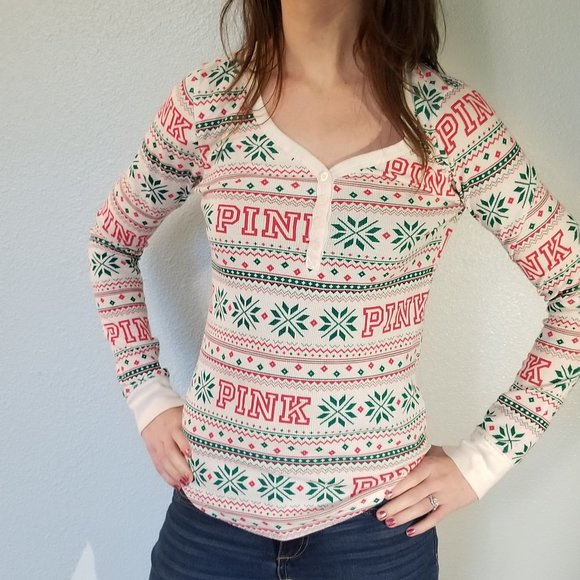 PINK Victoria's Secret Tops - !!3 FOR $25 -- Pink Christmas thermal PJ top